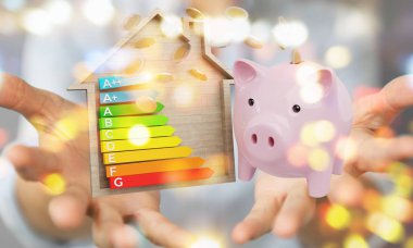 İşkadını iyi enerji grafik rating 3d render ile para tasarrufu bulanık arka plan üzerinde