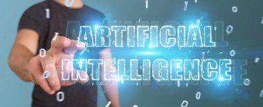İşadamı dijital yapay zeka metin hologram 3B oluşturmayı kullanarak arka plan bulanık üzerinde
