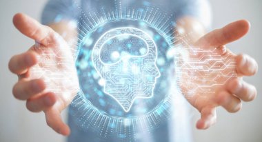 İşadamı dijital yapay zeka simgesi hologram 3B oluşturmayı kullanarak arka plan bulanık üzerinde