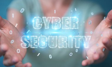 İşkadını siber güvenlik metin hologram 3B oluşturmayı kullanarak arka plan bulanık üzerinde