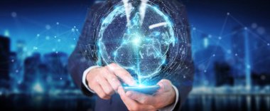 İşadamı üzerinde küre ağ hologram Avrupa ile harita 3B oluşturmayı kullanarak arka plan bulanık