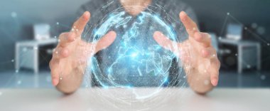 İşadamı üzerinde küre ağ hologram Avrupa ile harita 3B oluşturmayı kullanarak arka plan bulanık