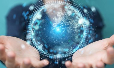 İşkadını üzerinde küre ağ hologram Avrupa ile harita 3B oluşturmayı kullanarak arka plan bulanık