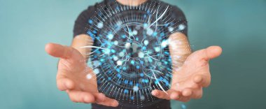 İşadamı dijital göz gözetim hologram 3B oluşturmayı kullanarak arka plan bulanık üzerinde