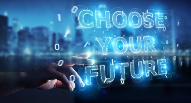 İşadamı gelecek metin arabirimi 3d rendering kullanarak arka plan bulanık üzerinde