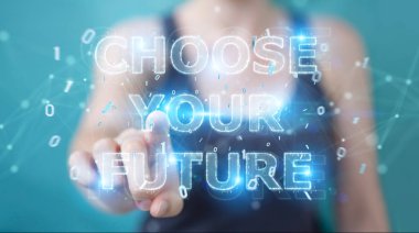 İşkadını gelecek metin arabirimi 3d rendering kullanarak arka plan bulanık üzerinde