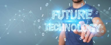 Geleceğin teknolojisi metin arabirimi 3d rendering kullanarak arka plan bulanık üzerinde işadamı