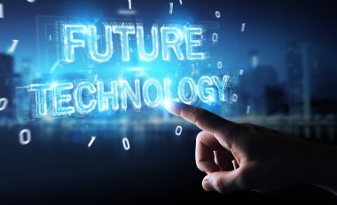 Geleceğin teknolojisi metin arabirimi 3d rendering kullanarak arka plan bulanık üzerinde işadamı