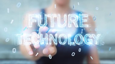 İşkadını geleceğin teknolojisi metin arabirimi 3d rendering kullanarak arka plan bulanık üzerinde