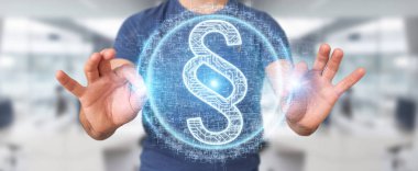 İşadamı hukuk paragraf dijital hologram 3B oluşturmayı kullanarak arka plan bulanık üzerinde