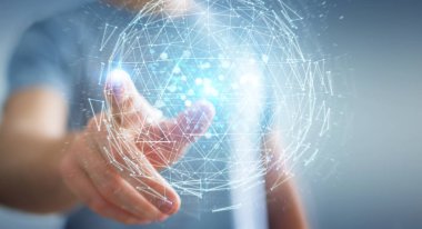 İşadamı dijital üçgen küre hologram 3d render patlayan kullanarak arka plan bulanık üzerinde