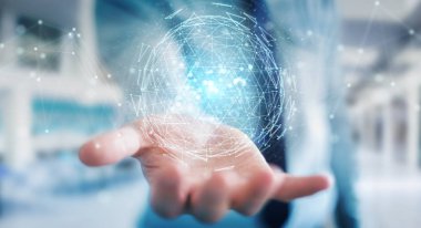 İşadamı dijital üçgen küre hologram 3d render patlayan kullanarak arka plan bulanık üzerinde