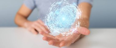 İşadamı dijital üçgen küre hologram 3d render patlayan kullanarak arka plan bulanık üzerinde