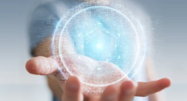 İşadamı dijital küre bağlantısı hologram 3B oluşturmayı kullanarak arka plan bulanık üzerinde