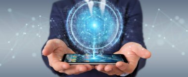 İşadamı dijital küre bağlantısı hologram 3B oluşturmayı kullanarak arka plan bulanık üzerinde