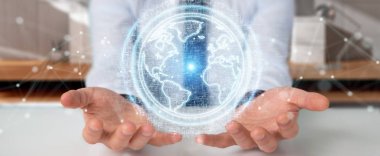 İşadamı üzerinde küre ağ hologram Amerika ABD harita 3d render ile kullanarak arka plan bulanık