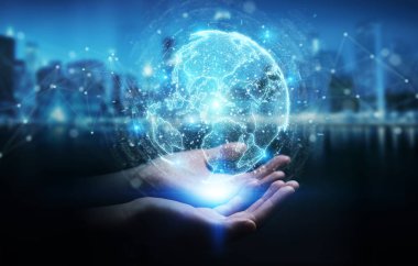 İşkadını üzerinde küre ağ hologram Amerika ABD harita 3d render ile kullanarak arka plan bulanık