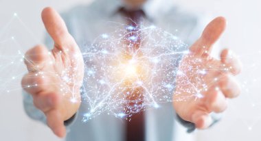 Hücre ve neurons aktivitesiyle 3d render dijital röntgen insan beyni arabirimini kullanarak iş adamı