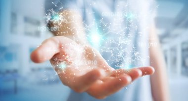 İşadamı dijital ikili kod bağlantı ağ 3B oluşturmayı kullanarak arka plan bulanık üzerinde