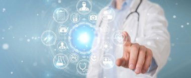 Dijital tıbbi futuristik bir arayüze 3B oluşturmayı kullanarak arka plan bulanık doktor