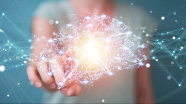 Hücre ve neurons aktivitesiyle 3d render dijital röntgen insan beyni arabirimini kullanarak iş kadını