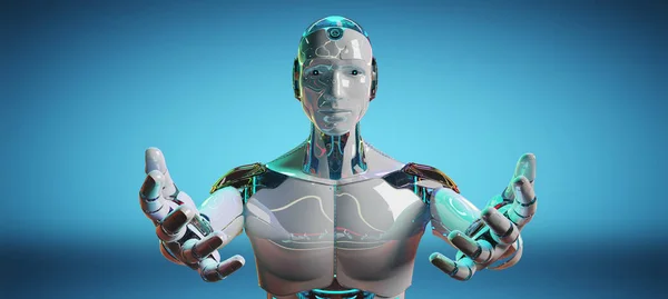 Branco Masculino Cyborg Abertura Suas Duas Mãos Isolado Azul Escuro — Fotografia de Stock