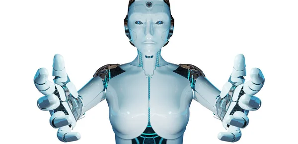 Bílá Žena Cyborg Otevření Svých Rukou Izolovaných Bílém Pozadí Vykreslování — Stock fotografie