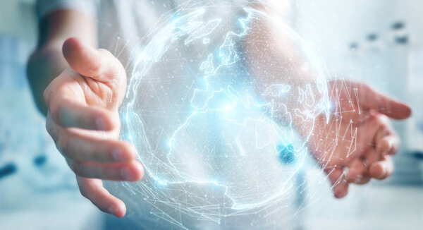 Businessman on blurred background using globe network hologram with Europe map 3D rendering