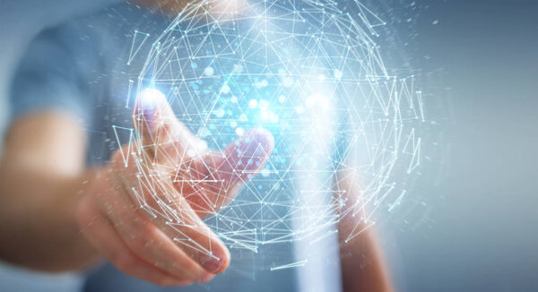 Businessman on blurred background using digital triangle exploding sphere hologram 3D rendering