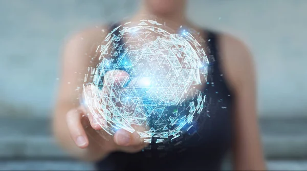 Бізнес Леді Розмитому Фоні Використанням Цифрового Трикутника Вибуху Сфери Голограма — стокове фото