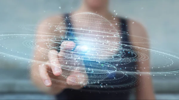 Geschäftsfrau Auf Verschwommenem Hintergrund Mit Digitalem Sphere Connection Hologramm Rendering — Stockfoto