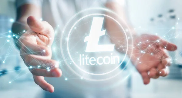 Şadamı Litecoins Cryptocurrency Rendering Kullanarak Arka Plan Bulanık Üzerinde — Stok fotoğraf