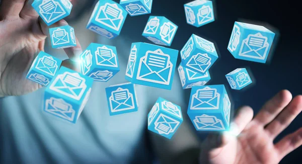Empresário Fundo Desfocado Usando Mails Flutuantes Cubo Renderização — Fotografia de Stock