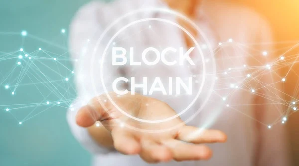 Businesswoman Blurred Background Using Blockchain Cryptocurrency Interface Rendering — Stock Photo, Image