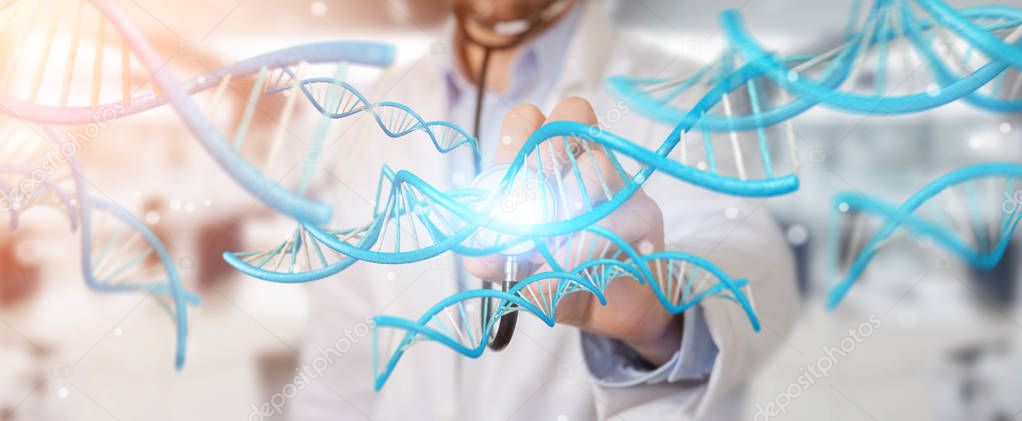 Doctor on blurred background holding blue digital DNA structure 3D rendering