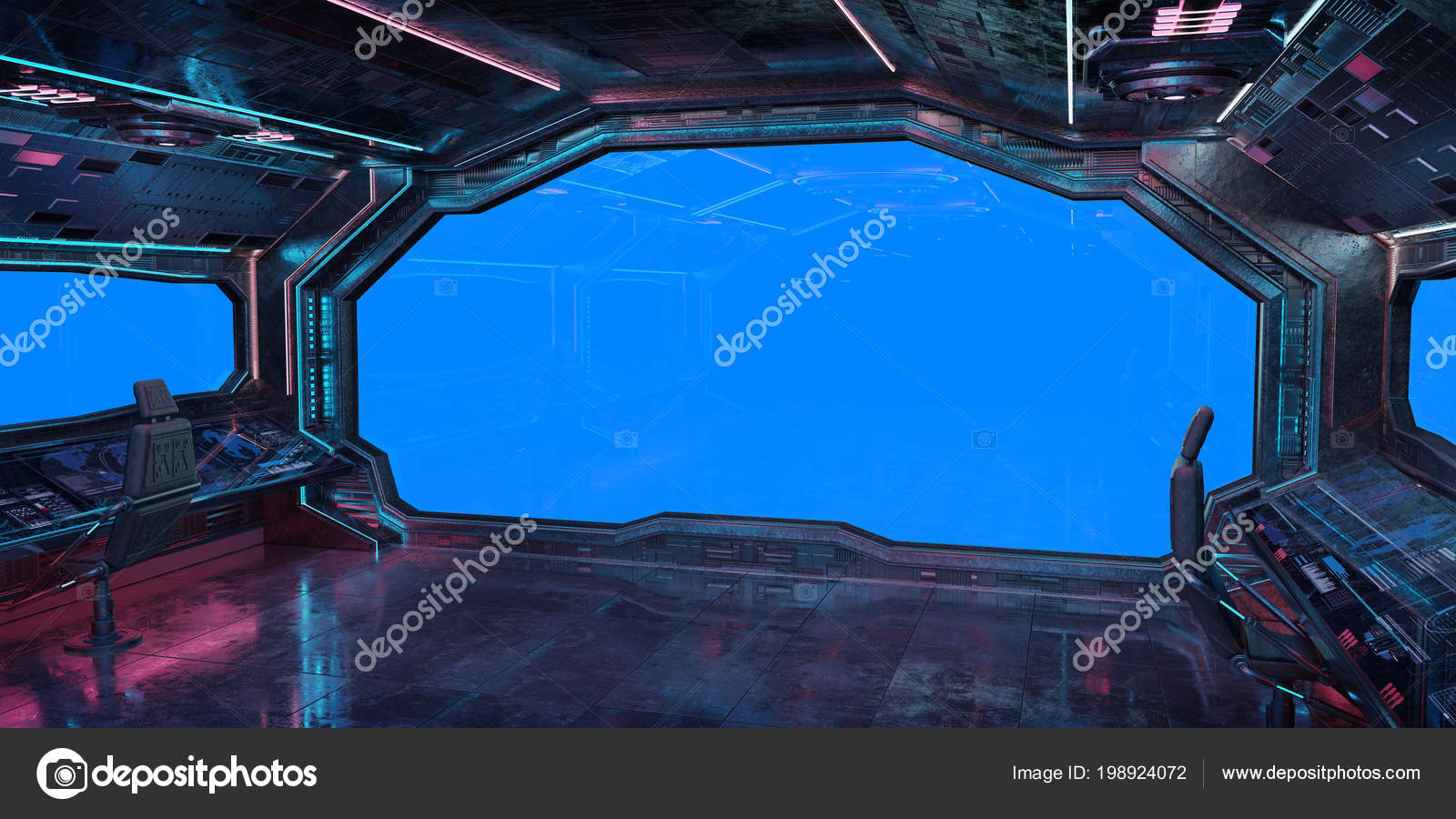 Grunge Spaceship Interior Blue Background Rendering Stock