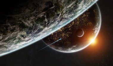 Güneş doğarken dış gezegenlerle uzaydaki uzak gezegen sistemi NASA tarafından desteklenen bu görüntünün elementlerini oluşturur.