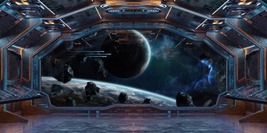 Grunge uzay gemisi Mavi ve turuncu iç uzak sistem 3d işleme öğeleri Nasa tarafından döşenmiş bu görüntünün üzerinde manzaralı