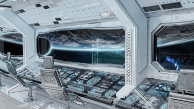 Beyaz temiz uzay gemisi iç gezegende manzaralı toprak Nasa tarafından döşenmiş bu görüntü 3d işleme öğeleri