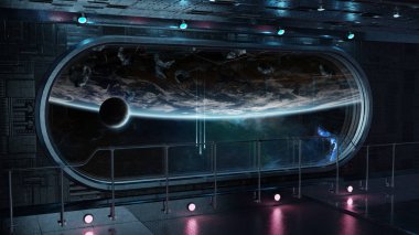 Siyah teknoloji uzay pencere iç gezegende manzaralı yuvarlak Earth 3d işleme öğeleri Nasa tarafından döşenmiş bu görüntünün