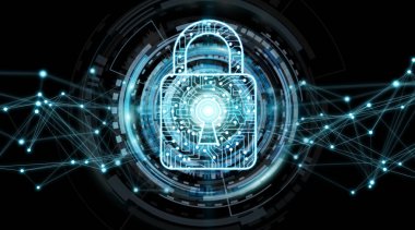 Modern dijital veri siyah arka planda 3d render virüsten koruma kalkanı