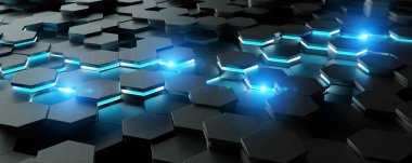 Siyah ve mavi soyut altıgenler desen 3d render arka plan