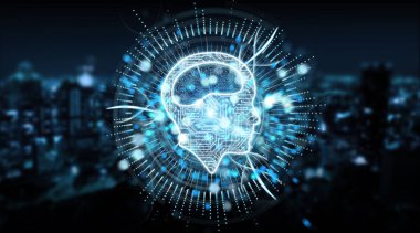 Dijital yapay zeka simgesi hologram üzerinde mavi şehir arka plan 3d render