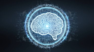 Dijital yapay zeka simgesi hologram mavi gri arka planda 3d render