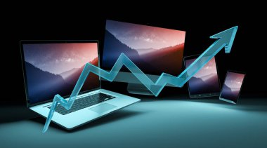 Modern teknoloji cihazlar içinde karanlık geçmiş 3d render önünde mavi ok