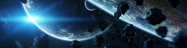 Panorama of a distant planet system from space during sunrise 3D rendering elements of this image furnished by NASA