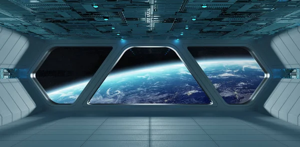 Nave Espacial Futurista Gris Azul Interior Con Vista Planeta Tierra —  Fotos de Stock