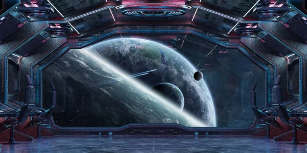 Grunge Statek Kosmiczny Niebieskie Różowe Wnętrza Widokiem Odległych Planetach Systemu — Zdjęcie stockowe