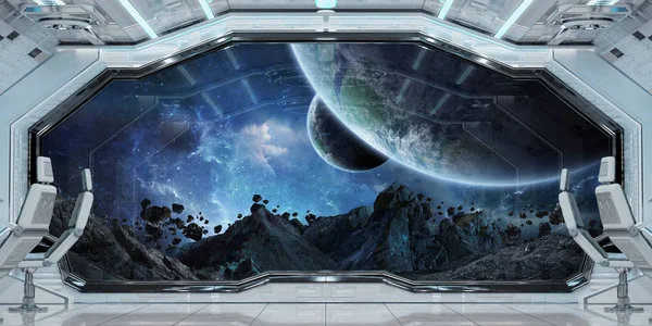Biały Czysty Statek Kosmiczny Wnętrza Widokiem Odległych Planetach Systemu Renderowania — Zdjęcie stockowe