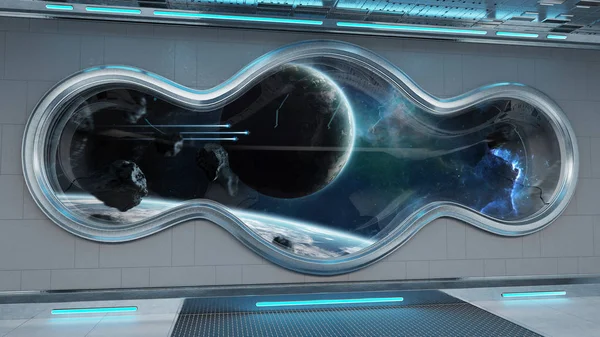 Statek Kosmiczny Biały Tech Okrągłe Okno Wnętrza Widokiem Odległych Planetach — Zdjęcie stockowe